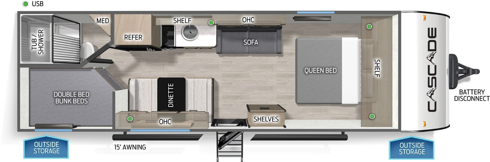 The Cascade 26LPC floorplan has one entry and zero slide outs. Exterior features include: metal exterior and 15' awning. Interiors features include: bunk beds and front bedroom.